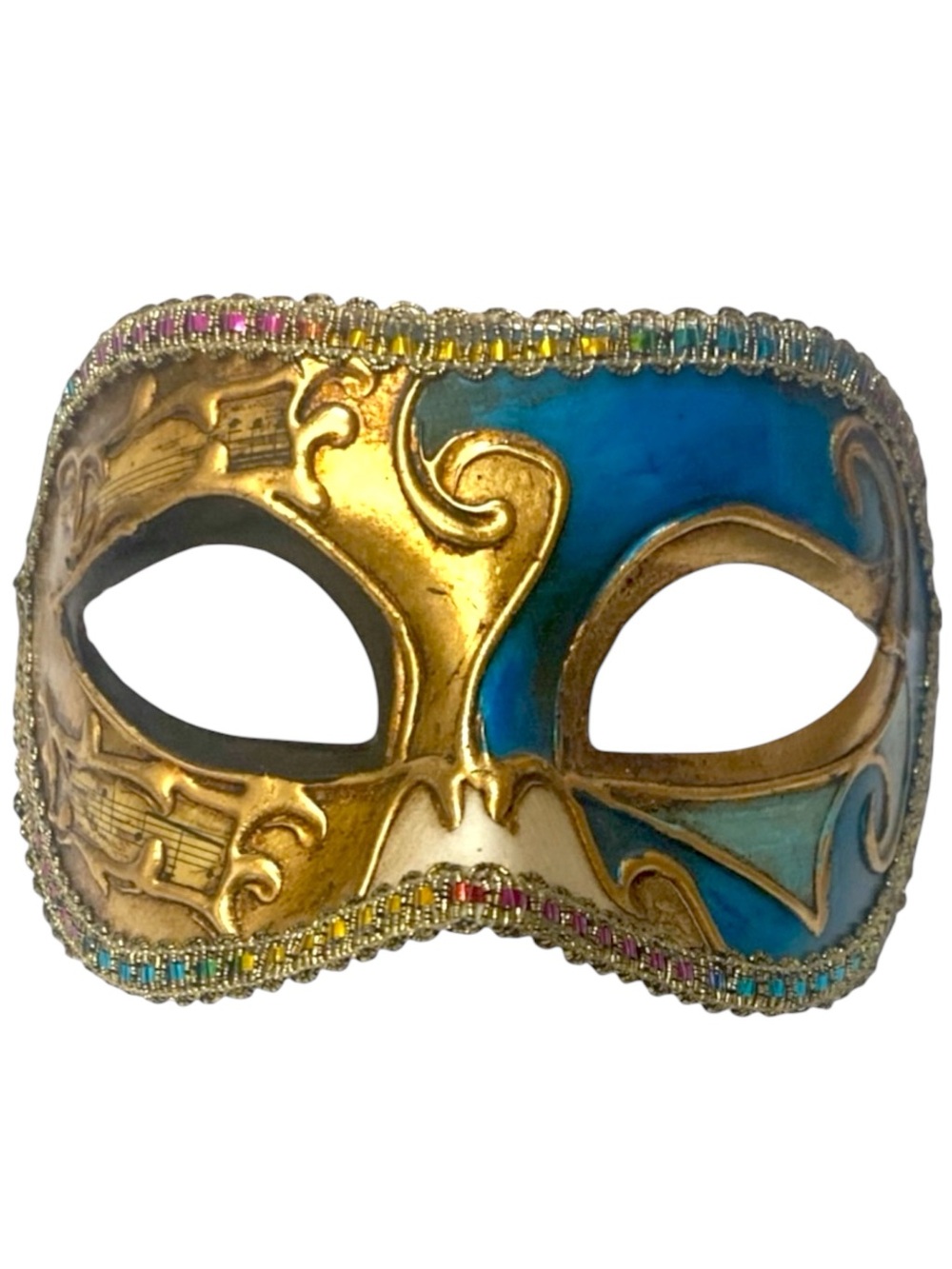 Vintage Venetian Half Face Mask Blue & Gold Hand Painted Italy Musical Notes